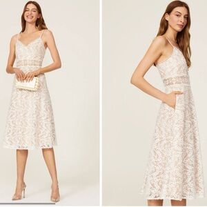 Aidan by Aidan Mattox white midi embroidered leaf botanical flower pocket dress